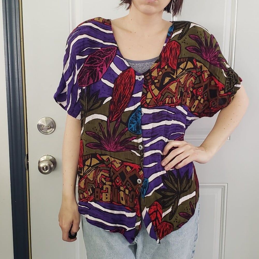 80s Purple and Red Funky‎ Rayon Button Down